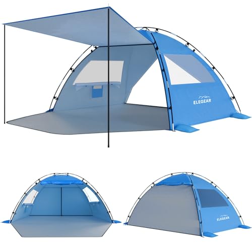 Elegear Tienda de campaña de playa con toldo, tienda de campaña desplegable para 4 a 5 personas, fácil instalación, protección UV UPF 50+, portátil, ligera, doble revestimiento plateado, refugio para