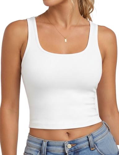 AURUZA Womens Cotton Crop Top U Neck Sleeveless Soft Basic Tank Top Slim Fit Cute Summer Vest for Daily Wear White