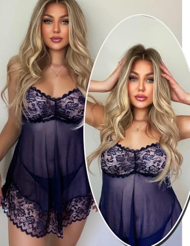 Image of SSoShHub Lace Babydoll Lingerie Sexy Mini Chemise Mesh Wedding Nightie Bridal Nightdress with Bikini