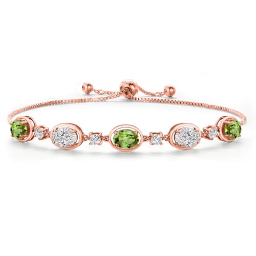 Gem Stone King 18K Rose Gold Plated Silver Green Peridot and and Lab Grown Diamond Bracelet For Women | 4.50 Cttw | Gemstone August Birthstone | Oval 7X5MM | Fully Adjustable 9 Inch