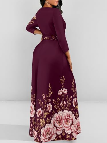 Image of Women Plus Size Long Sleeve V Neck Maxi Dress with Belt | Soft fabric relaxed fit three quarter sleeve v neck with pockets for party and daily wear