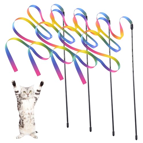 Kzouenzu Katze Zauberstab 120 cm, Katze Wand Interaktives Spielzeug [4 Stück], Interaktives Katzen Regenbogenstab Schnurspielzeug, Interaktiver Zauberstab Für Katzen Für Trainingsgerät Indoor