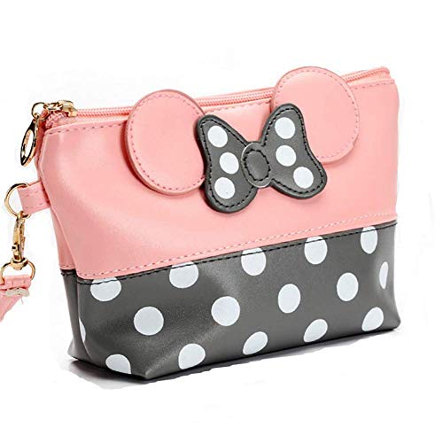Make Up Bag Organiser for Women, Cute Cartoon Ears Leather Makeup Bag Polka Dots Cosmetic Bag Multifunction Travel Makeup Handbag with Zipper Portable Toiletry Pouch for Women Girls Kids(Pink)