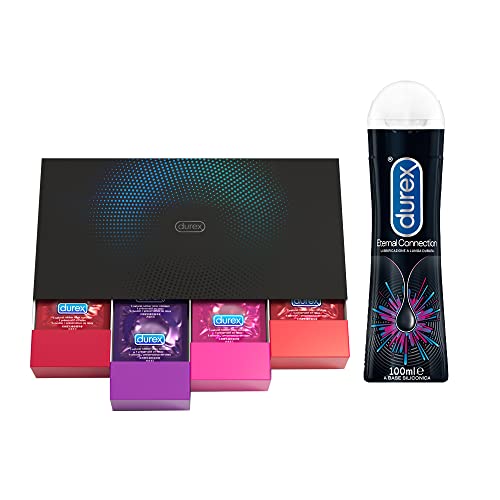 Immagine prodotto: Durex Love Collection Mix di Preservativi Con Rilievi e Nervature, Sottili e Aromatizzati, 30 Profilattici e Durex Gel Eternal 100ml, lubrificante a base siliconica