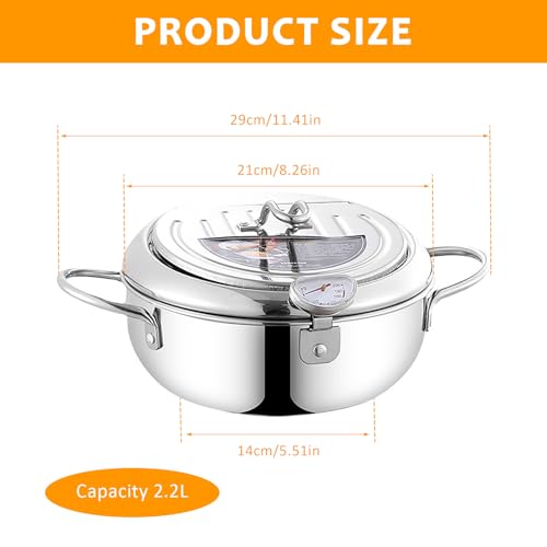 Friteuse japonaise Tempura en acier inoxydable avec tamis, thermomètre et couvercle, mini friteuse à huile de 2,2 l (Deep Fryer) pour la cuisine, idéale pour les frites, les ailes de poulet et les – Image 3