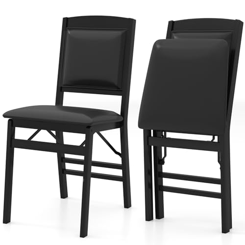 Image of COSTWAY Folding Dining Chairs Set of 2, Wooden Kitchen Side Chairs w /Padded Seat, Solid Wood Frame, 400 LBS Load Bearing, No Assembly Needed, Vintage Foldable Chairs for Dining Living Room, Black