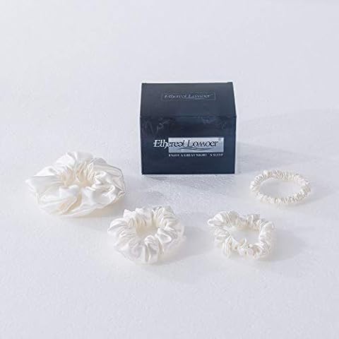 Ethlomoer 100% Silk Hair Scrunchies Set, Pure 22MM Mulberry Silk Hair Tie Gentle For Women & Girl’s Hair Care, Frizz & Breakage Prevention, Ivory 4 Size Pack Cover