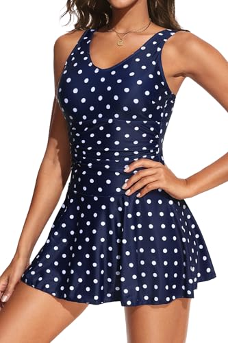 Yonique One Piece Swimsuits for Women Modest Tummy Control Swimdress Vintage Bathing Suits Skirt Swimwear Navy Blue M