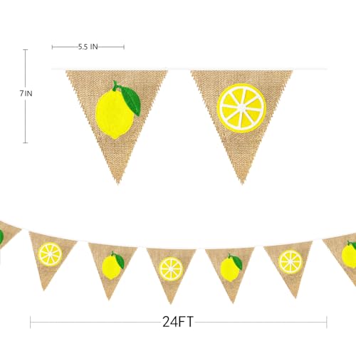 Image of 24Ft Lemon Burlap Banner Lemon Burlap Pennant Triangle Flag Garland Streamers Vintage Fireplace Wall Decor for Summer Lemonade Party Happy Lemon Day Rustic Birthday Baby Bridal Shower Decorations
