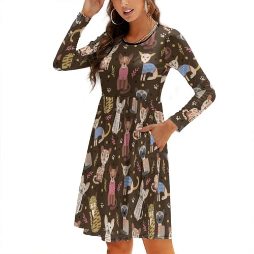 Artsy - Vestido de otoño de 2024 con diseño de gatos pintados para mujer, elegante vestido midi de manga larga con bolsillo, Negro , L