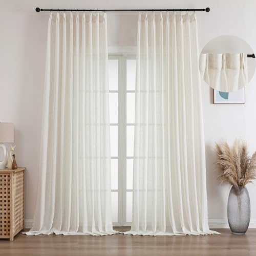 Ftinala Juego de 2 paneles de cortinas plisadas de lino traslúcidas de 90 pulgadas de largo, cortinas de filtrado de luz naturales para sala de estar, tratamientos neutros para ventanas con anillos