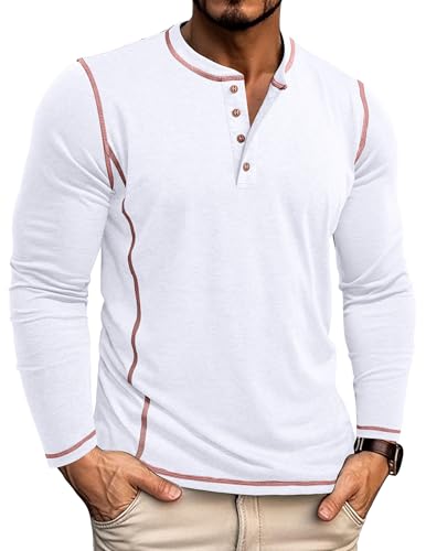 Tee Shirt Homme Manches Longues T Shirt Coton Henley T-Shirts Col Tunisien Décontracté Slim Fit Tshirt Blanc L