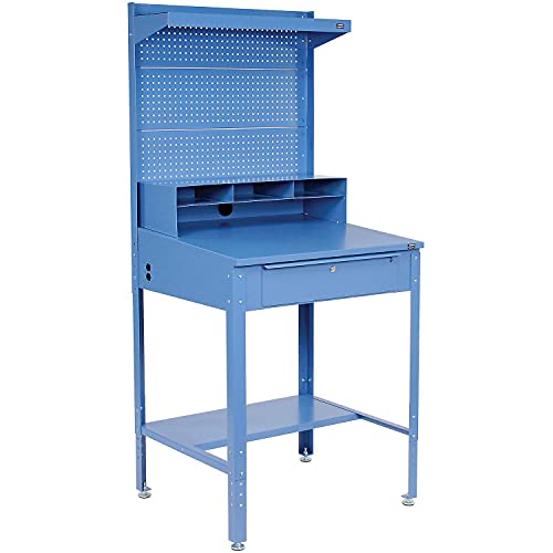 Global-Industrial-Shop-Desk-wPigeonhole-Compartments-Pegboard-Riser-wShelf-34-12W-x-30D-x38-to-42-12H-Bue