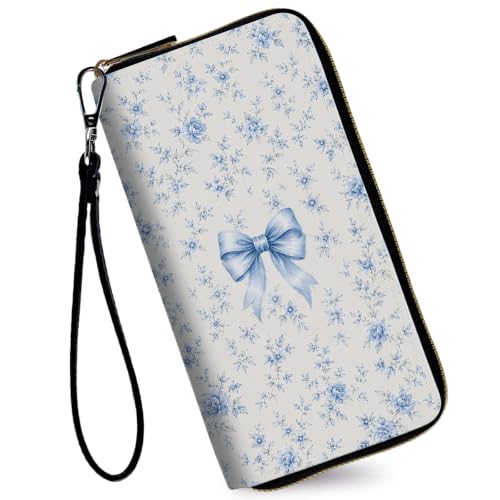 Image of Women's Wallets Credit Card Holder Money Leather Long Wallet | Long wallet with Wristlet,Large Capacity with Zip-Around Phone Purse for Women Ladies Girls,Blue Bow