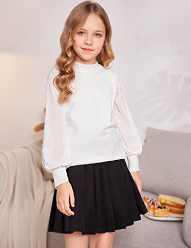 Image of Arshiner Girls Puff Long Sleeve Sweaters Crewneck Lace Polka Dot Casual Knit Tops Pullover Jumper Outwear for Kids