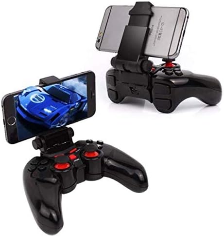 TI-465 Game Controller with phone holder and phone displaying a racing game