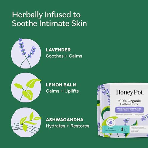 Image of Honey Pot - Calming Herbal Super Sanitary Pads for Women - 100% Organic Cotton Top Sheet - Feminine Care - Non Cooling - Calming Herbs of Lavender, Ashwagandha, & Lemon Balm - 64ct