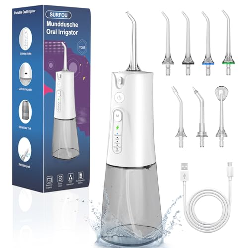 SURFOU Munddusche Kabellos Mundduschen 230ML 5 Modi 7 Düsen, Mundduschen Reise Water Flosser IPX7 Wasserdicht USB-C Wiederaufladbar für Reisen & Hause