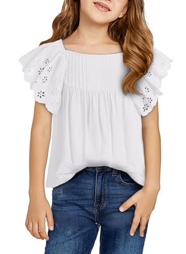 Girls Summer Ruffle Short Sleeve Shirts Tops Casual Pleated Square Neck Blouse 6-15 Years