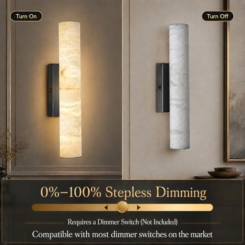 Image of Alabaster Wall Sconce, 20 inch Black Natural Marble Wall Sconces, Dimmable Hardwired Stone Sconces, Modern Tube Wall Sconce for Luxury Bathroom, Bedroom, Hallway, Living Room, Entryway, 1PC