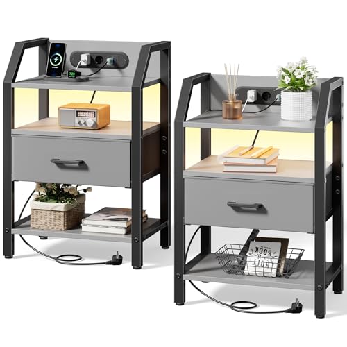 SOLAVERO Tables de Chevet Lot de 2 avec Prises & Ports USB, Table de Nuit avec LED, Table d'Appoint avec Tiroirs en Tissu & 2 Étagère, pour Chambre, Canapé...