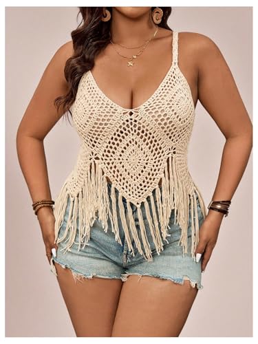 SHENHE Women's Plus Size Crochet Cover Up Sleeveless Hollow Out Fringe Beach Tank Coverups4