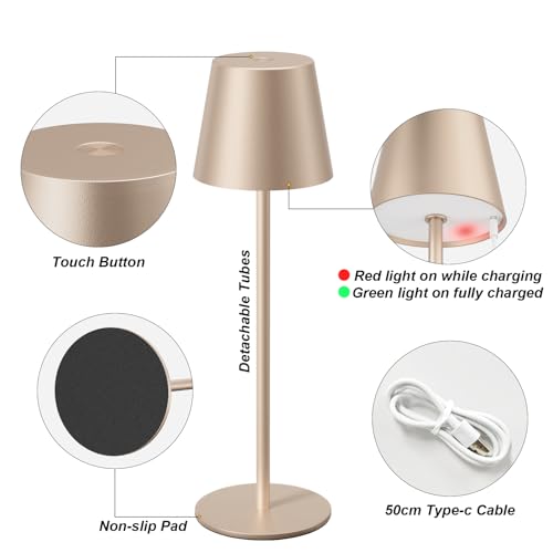 Image of Kakanuo Champagne Gold Cordless Table Lamp Rechargeable - 2 Pack Battery Operated Lamp for Counter, 3 Color Stepless Dimming Wireless Lamp for Dining Kitchen, Outdoor Patio, Touch Control