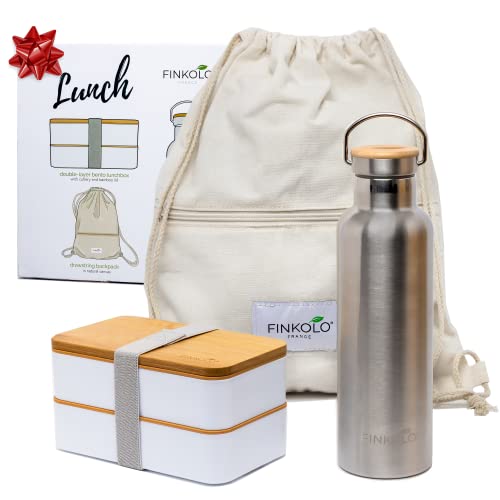 Finkolo Lunch Set - Ensemble Boite Bento Lunch Box 2 Compartiments Couvercle Bambou, Gourde Bouteille Isotherme Inox 750ml Avec 2 Bouchons Inclus et Sac À Cordon En Toile Naturel