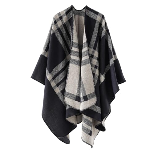 colornival Poncho Mujer Invierno Tejer Poncho Manta Grande Chal Fular Elegante Cardigan Bata Navidad Regalo Mujer (Negro)