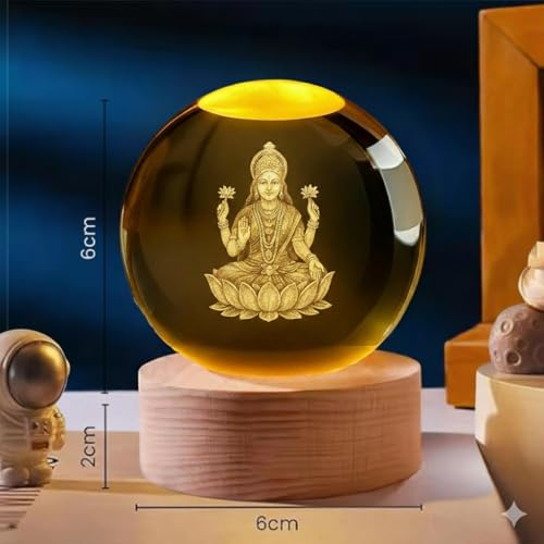 Image of COVACURE 3D Lakshmi Devi Idol Crystal Ball Night Lamp Creative Engraved 2.4 Inch Glass Ball Goddess Laxmi MATA Murti Crystal Ball Night Light, USB Table LED Wooden Glass Ball for Home, Office