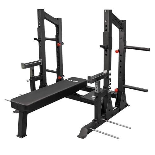 Valor Fitness Competition Bench Press Rack with Spotter Stand, Adjustable Safety Arms, J-Hooks & Band Pegs, Heavy-Duty Olympic Bench Press Station for Powerlifting, Strength Training & Home Gym Use, 1000 LB Capacity