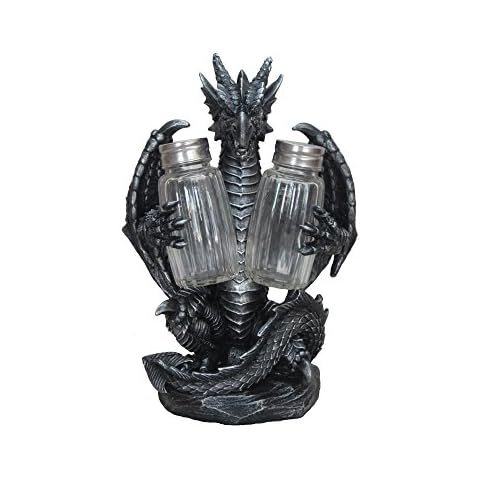 DWK "Blackened Spice" Medieval Dragon Salt & Pepper Shaker Set Mythical Gothic Fantasy Dragon Home Decor 8" Cover