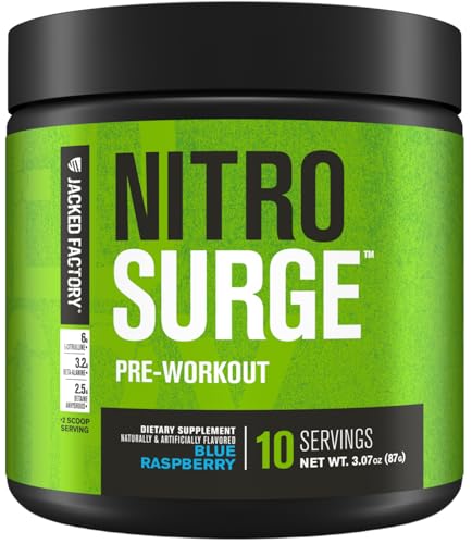Image of Jacked Factory NITROSURGE Pre Workout Supplement - Endless Energy, Instant Strength Gains, Clear Focus, Intense Pumps - NO Booster & Preworkout Powder with Beta Alanine - 10 Servings, Blue Raspberry