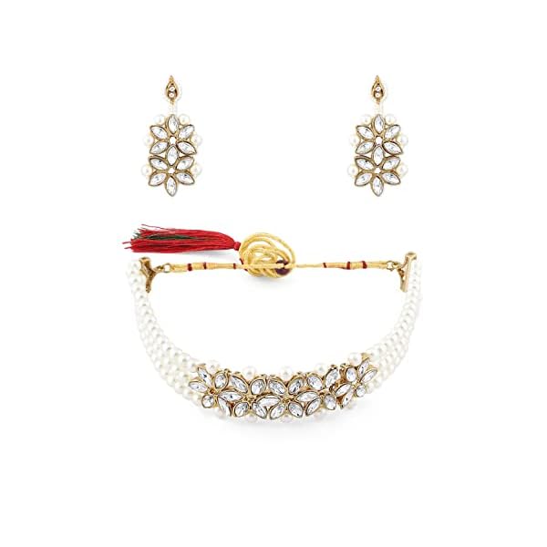 ZAVERI PEARLS Gold Tone Crystal Shine Stones & Multistrand Pearls Choker Necklace & Earring Set For Women-ZPFK10101