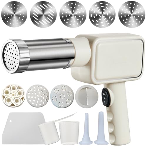 QCQDL Electric Pasta Maker, Handheld Pasta Maker Machine, All-In-One Cordless Noodle Machine, with Shaping Molds And Cutter,White