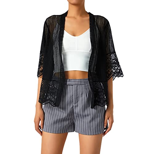Cloyifun Damen Bolero Spitzen Jacke Kurzarm Open Front Strickjacke Bolero Jäckchen Elegant Shrug Top Für Hochzeit Cocktailkleid (Schwarz, Medium) Cover