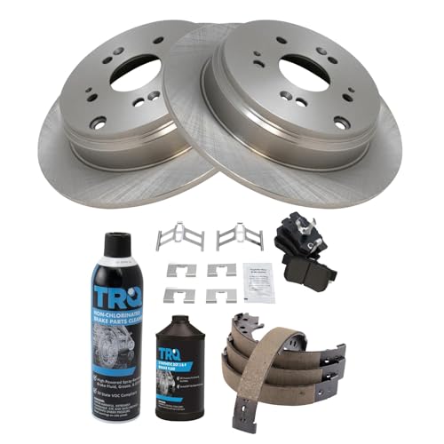 Image of TRQ Rear Brake Pad & Rotor Kit, with Chemical Kit Parking Brake Shoe Set Semi-Metallic Compatible with 2010-2018 Acura RDX 2007-2016 Honda CR-V