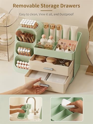 Image of Booklov Makeup Organizer for Vanity, Large Capacity Cosmetic Display Case with Drawers, Countertop Beauty Storage Holder for Skincare, Brush Eyeliner Eyeshadow Lipsticks, Counter Desk, Cream Green
