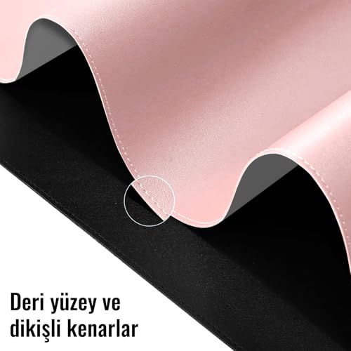 Klasse Çift Renk Dikişli PU Deri Masa Matı 80x40 Cm Mousepad, Su Geçirmez Masa Sümeni, Çift Taraflı Kullanım, Dizüstü Bilgisayar/Ofis/Ev için, Kaymaz Taban (Pembe Ve Gri)