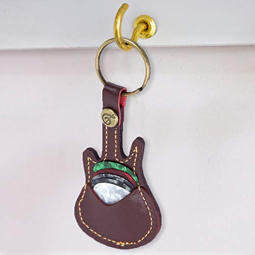 Tragbare Guitar Picks Holder Bag Schlüsselbund Leder Plectrum Picks Case Bag mit 5 Picks für Gitarren-Ukulele(Braun)