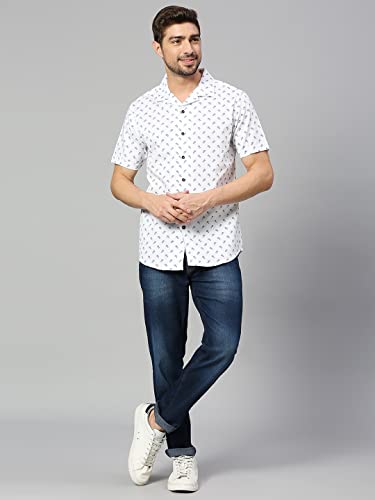Image of HammerSmith Men's Printed Slim Fit Cotton Casual Shirt with Camp Collar and Short Sleeves