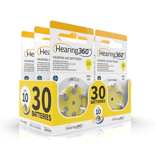 Hearing360 PR70 Hearing Aid Batteries Size 10, Mercury Free Batteries Extra Durability and Reliability (5 Blister Packs, 30 Batteries)