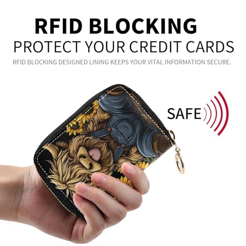 GAIGEO Credit Card Protector RFID Blocking Leather Womens Wallets Zip Around Coin Purse Pouch with Zipper Sunflower Cute Highland Cow2