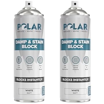 Polar Damp & Stain Block Spray - Covers Damp, Mould, Grease, Nicotine & Rust Stains - Anti Mould & Damp Proof Paint for Internal Walls & Ceilings - Dries in 10 Min, Low Odour - Matt White - 2x500ml