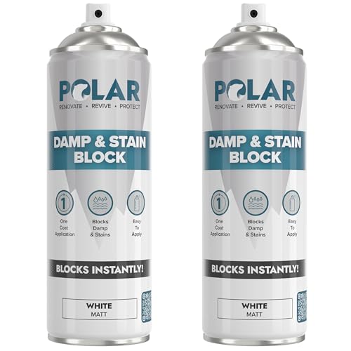 Polar Damp & Stain Block Spray - Covers Damp, Mould, Grease, Nicotine & Rust Stains - Anti Mould & Damp Proof Paint for Internal Walls & Ceilings - Dries in 10 Min, Low Odour - Matt White - 2x500ml