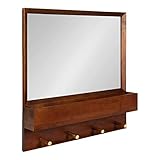 Kate and Laurel Hinter Mid-Century Framed Wall Mirror with Pocket Shelf, 24 x 24, Walnut Brown, Organizing Mail Holder and Wall Hooks