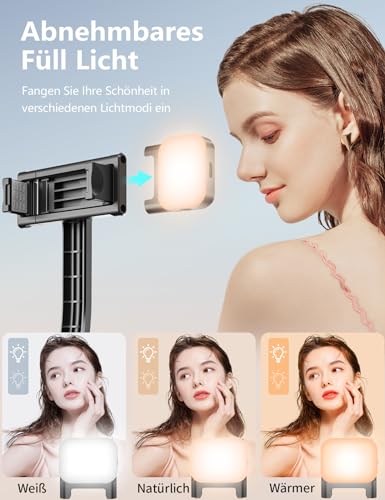 Selfie Stick mit Abnehmbarer Handyhalterung,106 cm Ausziehbares Handy Stativ Ständer mit Fernbedienung, 360° Drehbarer Stativköpfe für iPhone, Samsung und Android-Smartphones (Schwarz mit fülllicht)