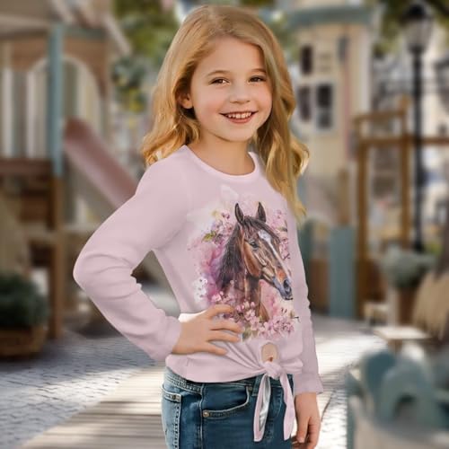 Xhuibop Girls Long Sleeve Shirts Tie Knot Front Stylish Graphic Tees Kids Fall T-Shirt for Age 5-123