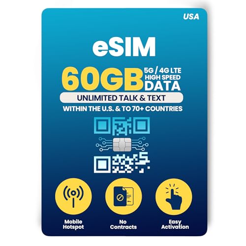 H2O Wireless 30-Day USA eSIM, Prepaid eSIM Card with 60GB High-Speed 4G LTE/5G Data & 20GB Mobile Hotspot, Unlimited Data, Talk & Text to 70+ Countries, US Mobile SIM Card for Cell Phones