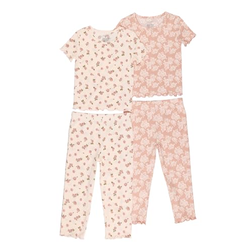 TAHARI Girls' Ribbed Short Sleeve Shirt and Pants Pajamas 2-Pack Mix N Match Sets